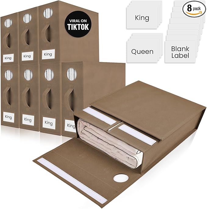 8 Pack Bed Sheet Organizer and Storage, Foldable Storage Bed Sheet Organizer for Linen Closet with Viewing Window & Label for Bedding Sheets & Blankets (Queen & King Size) Taupe
