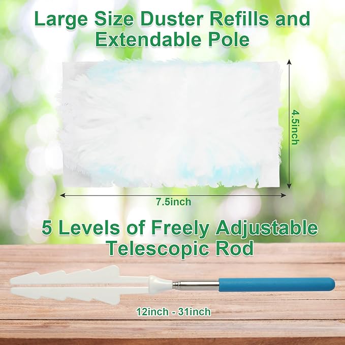 180° Microfiber Duster Refills with 5-Level Adjustable Telescopic Handle (12"-31"), 20 Count Heavy Duty for Swiffer Duster, Multi-Surface Dusters for Cleaning Furniture, Blinds, Electronics & Corners