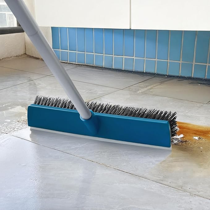 16-Inch Push Broom Outdoor with Rubber Squeegee and 58" Long Handle, 2 in 1 Commercial Broom Brush with Stiff Bristles for Deck Patio Garage Warehouse Driveway Concrete Floor Cleaning Scrubbing