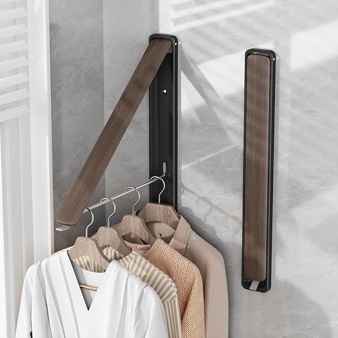Clothes Drying Rack for Laundry Drying Rack Wall Mounted Clothes Hanger Rack Retractable Laundry Hanger Dryer Rack Space Saving Closet Organizer Aluminium (Walnut)