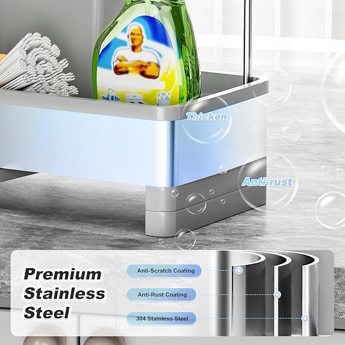 Ewaiira Stainless Steel Sink Caddy, Sponge Holder for Kitchen Sink with Brush Holder & Dishcloth Rack, Rustproof Sink Organizer Countertop, Kitchen Organizers Storage Essentials (F-Gray 9.8″)