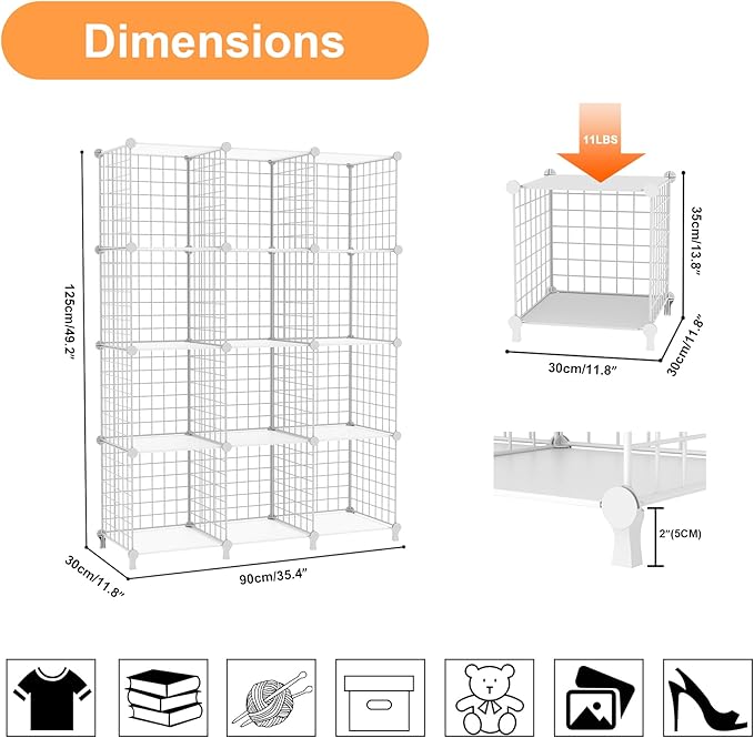 AWTATOS 12 Cube Storage Wire Closet Organizers DIY Stackable Storage Shelves Bookcase Cabinet for Home Office, White