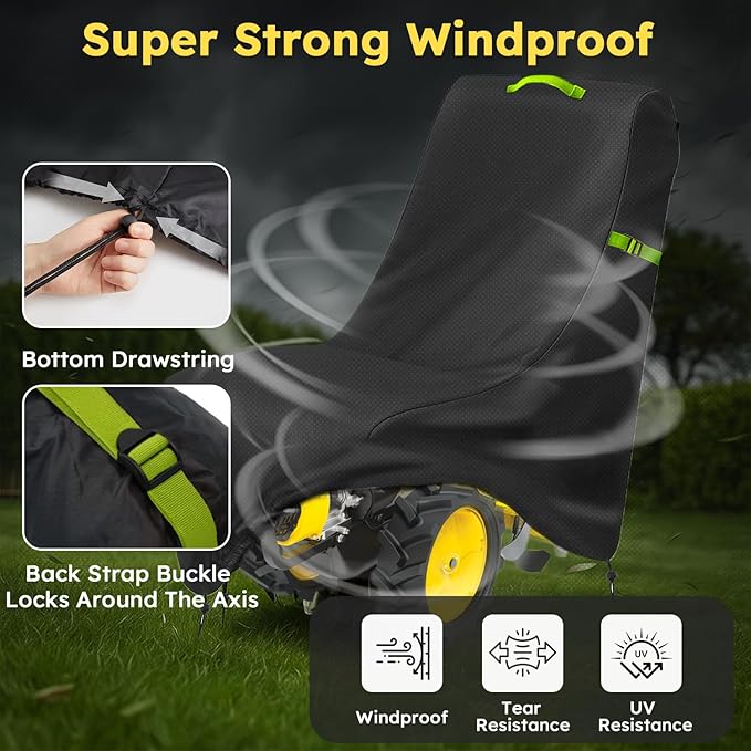 Tiller Cover, Rototiller Covers, 420D Silver-Coated Waterproof Fabric, Adjustable Drawstring Hem, Green Handle & Rear Waist Band – Fits Most Tillers (Black, Gas Tiller Cover)