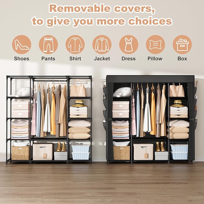 Portable Closet for Hanging Clothes 57.3 Inch Large Capacity Wardrobe Closet with Cover, 8 Pockets and 1 Hanging Rod, Easy Assembly Closet Organizer for Bedroom, Black