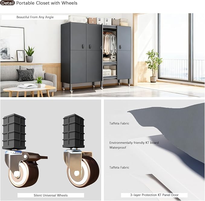 Foldable Portable Armoire Wardrobe Closet for Hanging Clothes Rack, Heavy Duty Covered Clothes Rack with Cover(HARDBOARD Magnetic), Closet Garment Rack for Bedroom Storage (KT Grey, 66.14in)