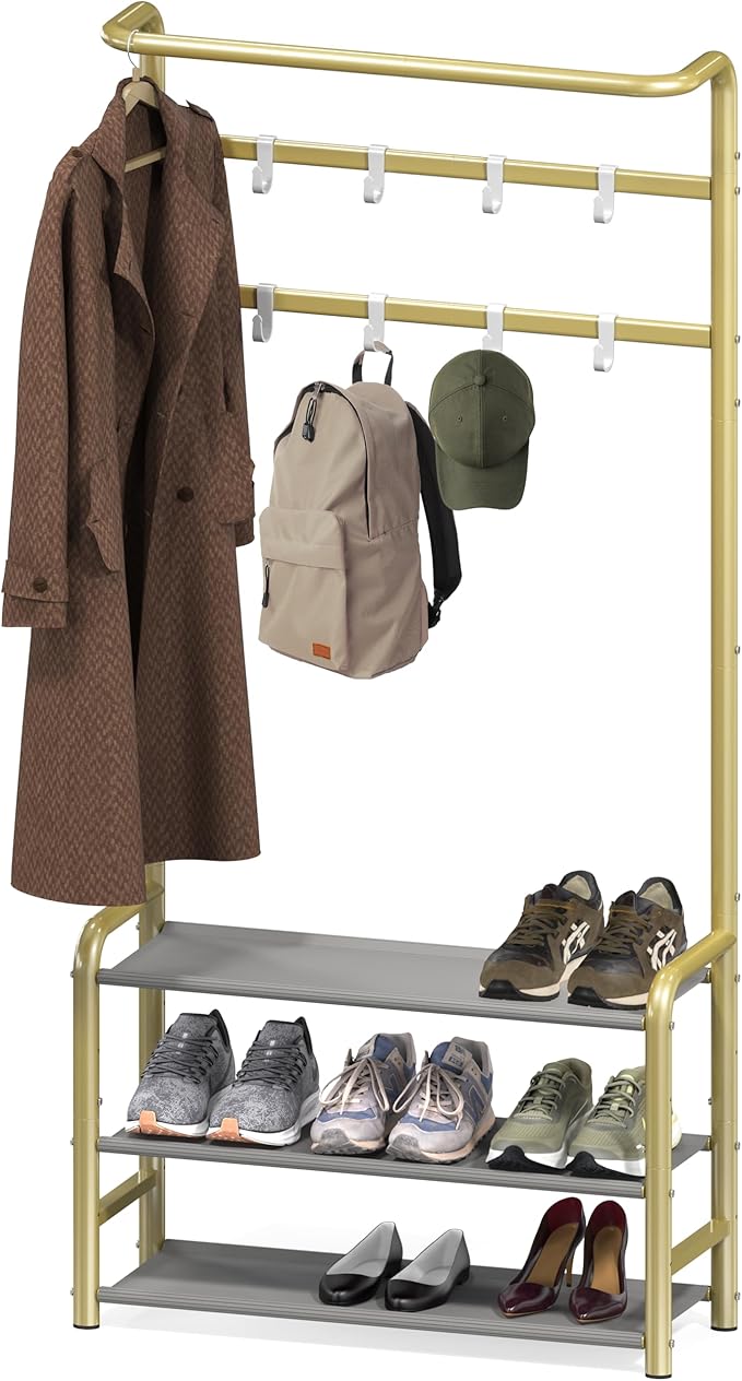SIMPLE HOUSEWARE Coat Rack with Storage Shelf, Freestanding Hall Tree with Hooks for Entryway, Bedroom, Office, Black Metal Clothes Hanger Stand for Coats, Hats, Jackets, Bags - Champagne Gold