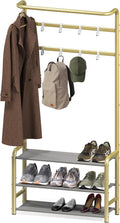 SIMPLE HOUSEWARE Coat Rack with Storage Shelf, Freestanding Hall Tree with Hooks for Entryway, Bedroom, Office, Black Metal Clothes Hanger Stand for Coats, Hats, Jackets, Bags - Champagne Gold
