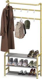 SIMPLE HOUSEWARE Coat Rack with Storage Shelf, Freestanding Hall Tree with Hooks for Entryway, Bedroom, Office, Black Metal Clothes Hanger Stand for Coats, Hats, Jackets, Bags - Champagne Gold