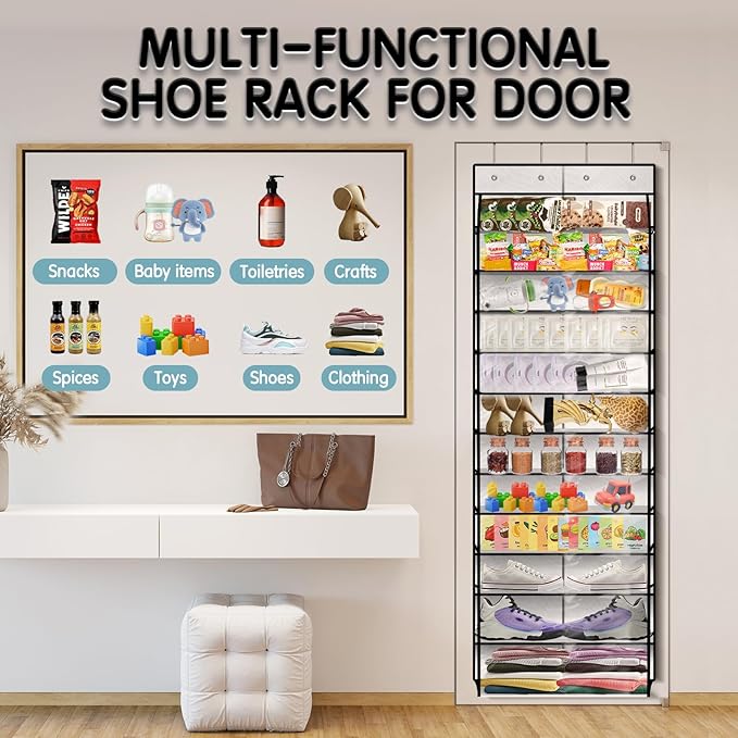 Over The Door Shoe Organizer with 12 Large Clear Pockets - Durable Hanging Storage for Family Shoes - White