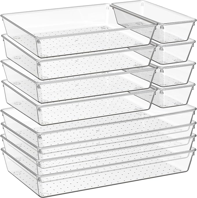 Criusia 12 Pack Large Clear Plastic Drawer Organizer Trays | MULTI-USE Acrylic Drawer Storage for Kitchen, Bathroom, Makeup, Office, School, Undies | College Dorm Room, Home Apartment Essentials