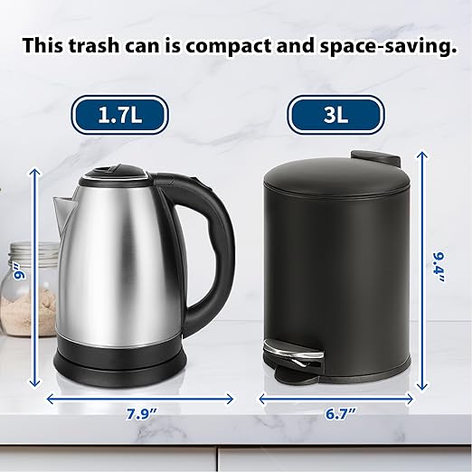 SunnyPoint 3L (0.8 Gallon) Mini Trash Can with Lid – Small Step-On Garbage Bin, Slow-Close & Removable Inner Bucket – Compact for Bathroom, Office, Bedroom, RV, Dorm, Under Sink (BLK)