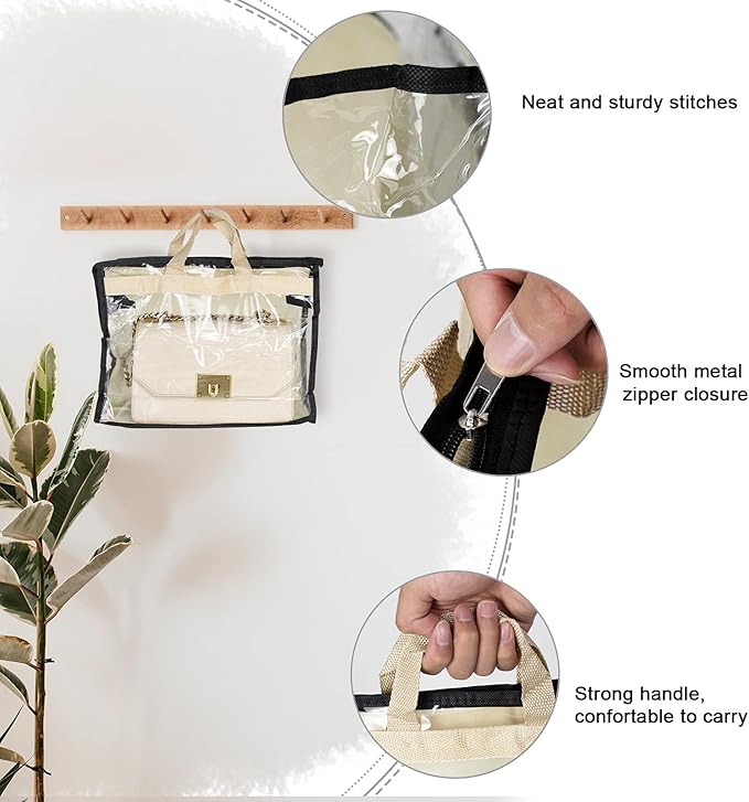 LASZOLA 10Pcs Clear Handbag Storage Organizer Dust Cover Bags, 5 Sizes Transparent Purse Protector Storage Bag with Zipper and Handle for closet shelf, Dustproof and Moistureproof, Black and Beige