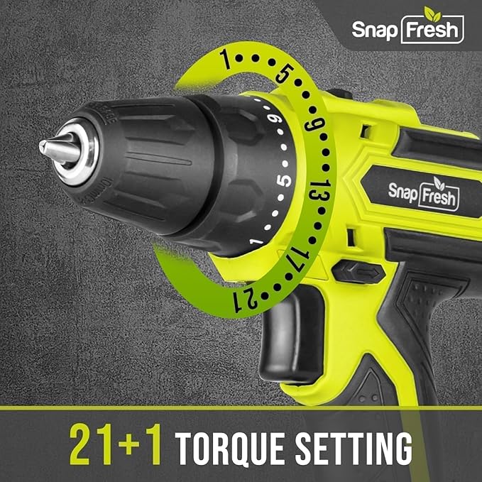 SnapFresh 20V Cordless Drill Set, 3/8" Power Drill with 2 Variable Speed, 21+1 Torque Setting, LED, 43pcs Drill Bits, Impact Driver Kit for Home,DIY-2.0Ah Battery & Fast Charger Included