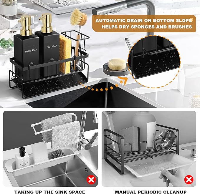 GMISUN Dish Soap Dispenser for Kitchen, 12 Fl oz / 350 ml Kitchen Soap Dispenser with Sponge Holder, Modern Black Glass Soap Dispensers with Gold Pump, Customized Hand and Dish Soap Dispensers Set