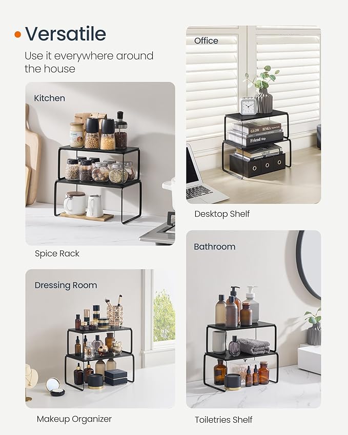 SONGMICS HOME Bamboo Cabinet Organizer Shelf, Nice-Looking Set of 2 Kitchen Counter Shelves, Kitchen Storage, Spice Rack, Stackable, Expandable, Ink Black UKCS050B01V1