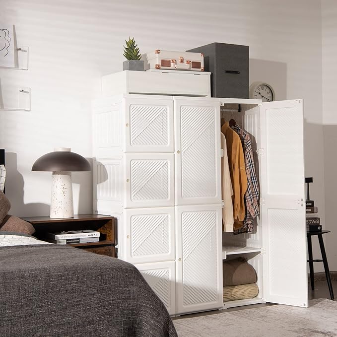 Tangkula Portable Closet Wardrobe, Foldable Clothes Organizer with Cubby Storage, Hanging Rods, Easy Assemble Clothing Storage with Magnet Doors, Folding Bedroom Armoire (8 Cubbies & 2 Rods)