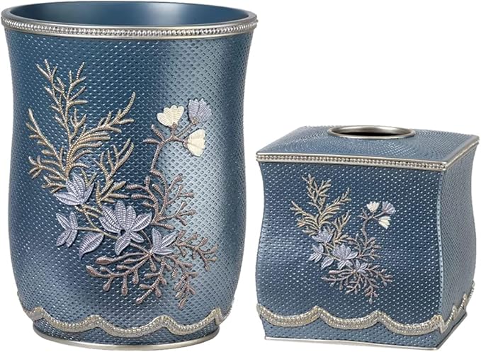 Zahari Home 2pc Capri Bathroom Decor Set Waste Basket for Bathroom & Tissue Cover Modern Classic Decor Stylish Unique Design Beautiful Royal Blue Bathroom Accessories Set