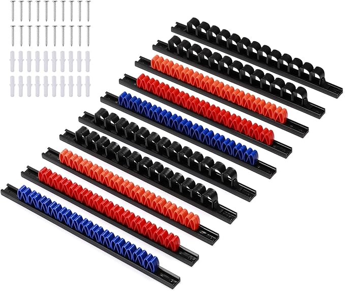 AIRTOON 10 PCS Screwdriver & Wrench Organizer, Plastic Rail Wrench Hanger with Clips, Pegboard Tool Holder, Wear Resistance Improved