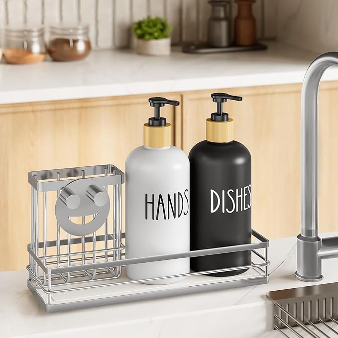 Moforoco Kitchen Dish Soap Dispenser Set, 16OZ Glass Bottle, Hand and Dish Soap Dispenser Set, Instant Dry Tray, Non-Slip Silicone Pad, Brush Holder with Smiley Face Sponge Holder, Kitchen Decor
