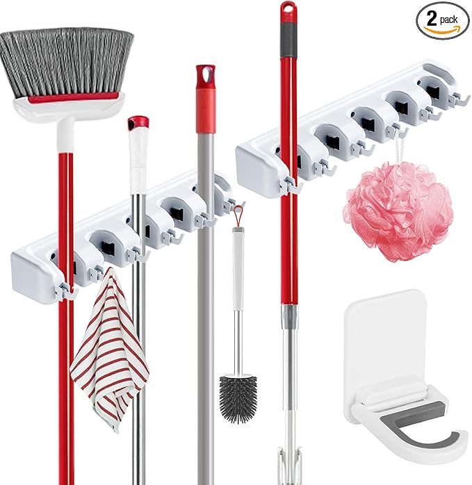 Broom Holder Wall Mount, 2 Packs Heavy Duty Cleaning Supplies Organizer, Garden Tool & Utility Closet with Hook, Mop & Broom Hook Wall Mounted for Bathroom, Garage, Kitchen, Laundry (White-2pcs)