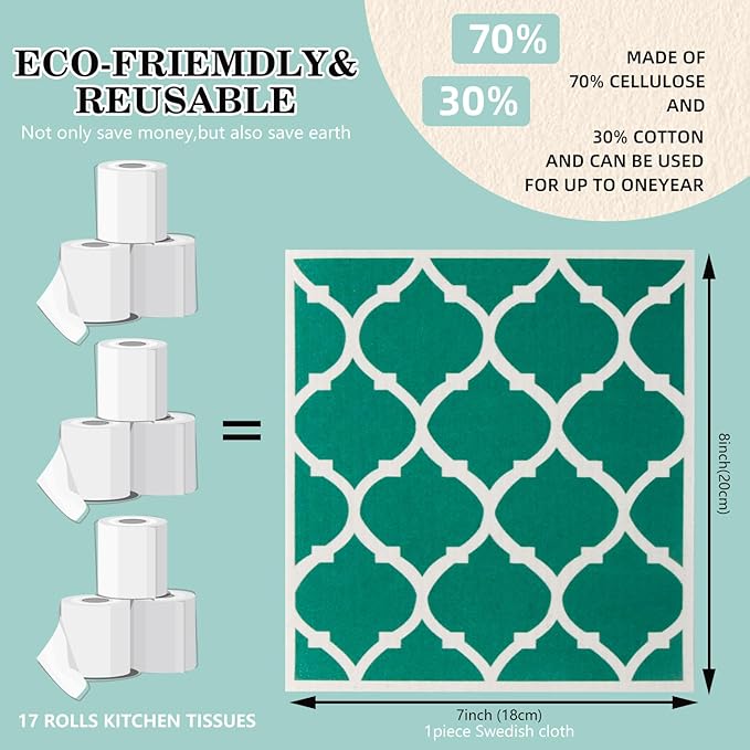 Swedish Kitchen Dish Cloths - 6 Pack Reusable Paper Towels for Counters & Dishes - Eco Friendly Cellulose Sponge Cloth - Assorted (Stripes + Lattice)