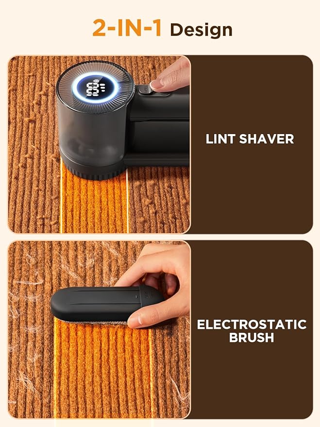 Rechargeable Fabric Shaver & Pill Remover, 3-Speed Electric Lint Remover with LED Display & 6 Blades, for Couch, Sofabed, Clothes, Sweaters, Blankets, Furniture - Black