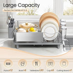 Dish Drying Rack Large Capacity - Stainless Steel Dish Rack for Kitchen Counter with Drain Board, Rustproof Dish Drainer with Auto Drain Spout Utensil Holder Glass Holder, Dinnerware Organizer, Gray