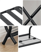Set of 2 Foldable Black Luggage Rack Stands with Storage Shelves – Heavy Duty Metal Holders, 150 lbs Top, 50 lbs Bottom Each, Fits 20”-28” Luggage – Guest Room, Bedroom, Hotel LR-BK-2