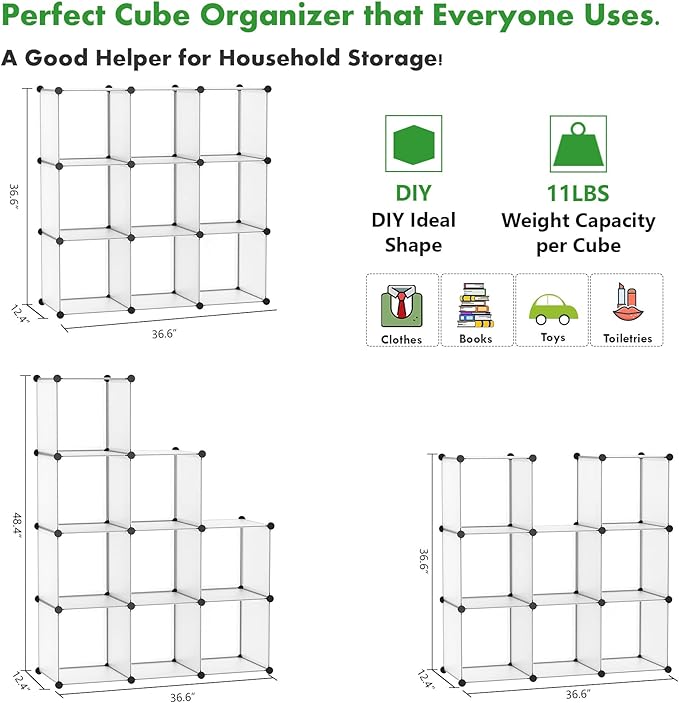 C&AHOME Cube Storage, 9-Cube Plastic Closet Cabinet Organizer, DIY Stackable Bookshelf, Modular shelving Units Ideal for Home, Office, Kids Room, 36.6"L x 12.4" W x 48.4" H Translucent White SBTM3009A