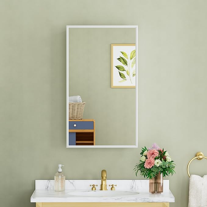 Buruis 14"x 24" Framed Medicine Cabinet with Mirror, Recessed or Wall Mounted Bathroom Cabinet, Adjustable Tempered Glass Shelves, Left/Right Open Reversible, No Assembly Required, White