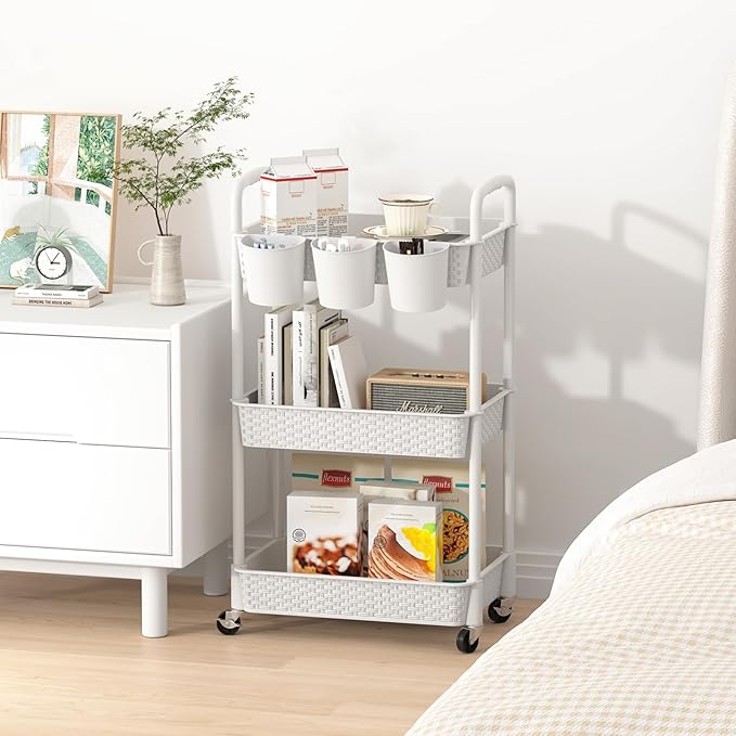 MOYIPIN 3-Tier Plastic Rolling Utility Cart with Handle,Utility Storage Cart for Office, Living Room, Kitchen,Movable Storage Organizer Shelves,White with 4 Hanging Cups