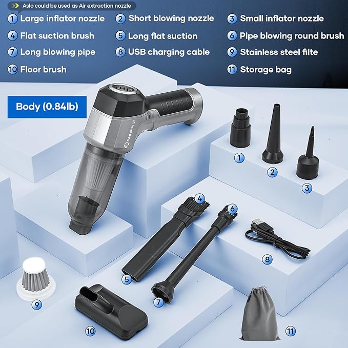 Mini Vacuum Cleaner, 3 in 1 Car Vacuum Cleaner High Power, 15000PA Powerful Suction, Air Duster, 7500mAh, Dual Filter,Adjustable Small Vaccum Portable Cordless for Cars,Desktop,Home - HL137