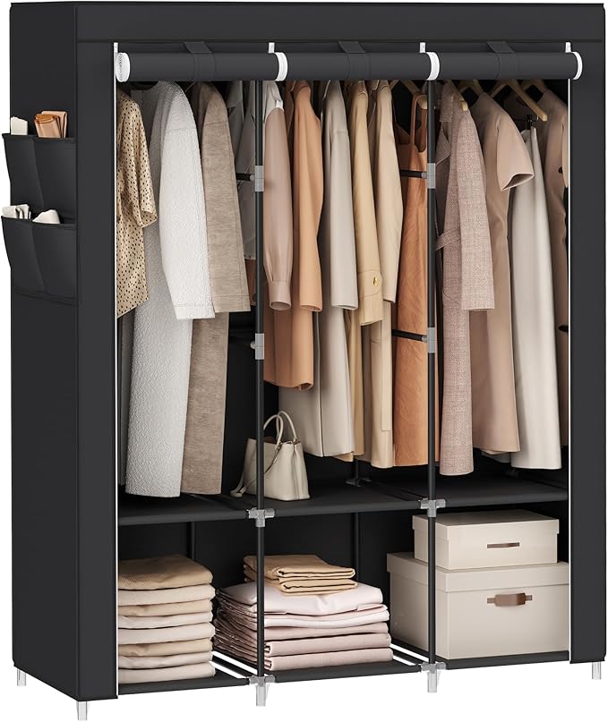 SONGMICS Portable Closet, Wardrobe Closet Organizer with Cover, 3 Hanging Rods and Shelves, 4 Side Pockets, 51.2 x 17.7 x 65.7 Inches, Large Capacity for Bedroom, Living Room, Ink Black URYG092B02