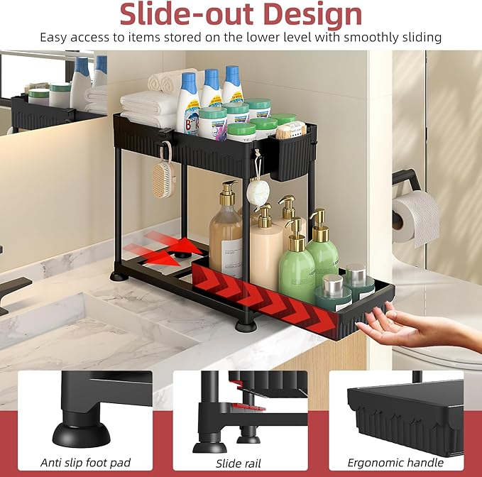 4 Pack Under Sink Organizer, Bathroom Organizers and Storage, 2 Tier Multi-Use Pull Out Cabinet Organizer with Hang Hooks and Cups (Black, 4 Pack)