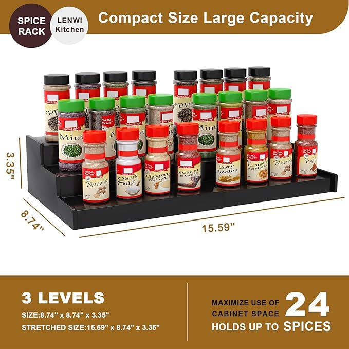 Spice Rack Organizer for Cabinet 2Pack, 3 Tier Expandable Bamboo Spice Storage, Great for Kitchen Cabinet, Cupboard,Pantry and More(Black)