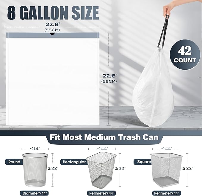 Drawstring 8 Gallon Trash Bags - 42 Count Pre-separated Medium Trash Bags 8 Gallon, White Unscented 8 Gal Garbage Bags