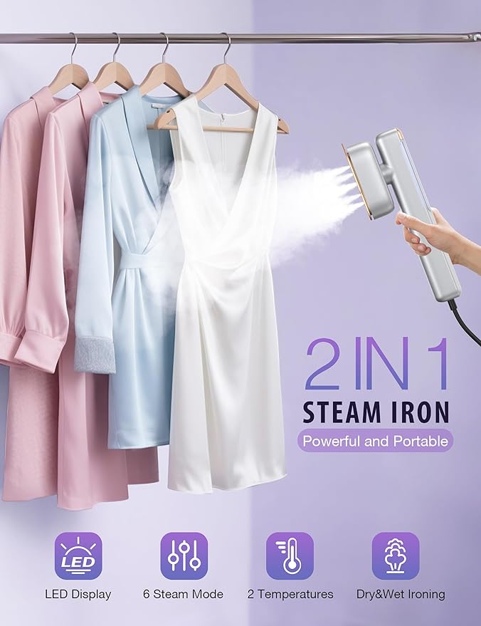 Smart Steam irons Handheld Steamer for Clothes – Global Voltage Adaptation, Palm-Sized & Lightweight (0.8lb), Dual Steam Modes, Easy Wrinkle Remover, Auto Shut-Off, for Travel & Home