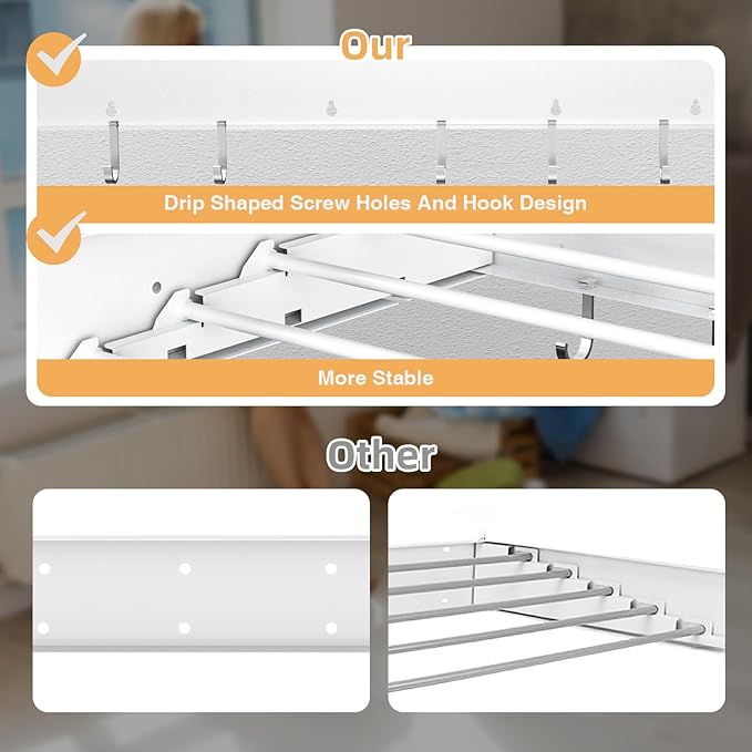 Drying Rack Clothing,Clothes Drying Rack Wall Mounted,Laundry Drying Rack Wall Mount,Foldable,Collapsible,60 lb Capacity 5 Aluminium Poles with 12 Hooks,Space Saving Clothes Drying Rack,White 40"