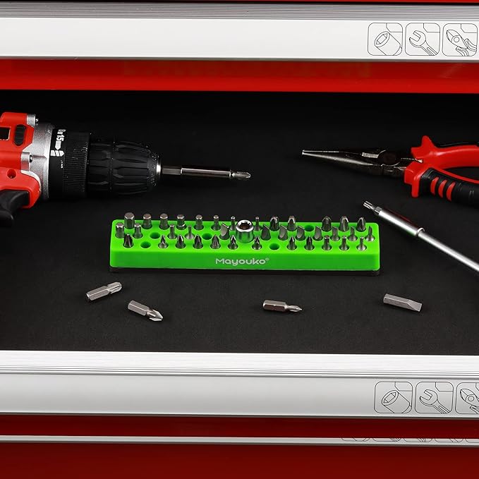 Mayouko 1/4" Magnetic Hex Bit Holder Rack Organizer, 43 Holes, 1/4-Inch Drill Bit Holder, Green, 2 Racks, Magnetic Bit Holder with Magnet Base for Screwdriver Bits