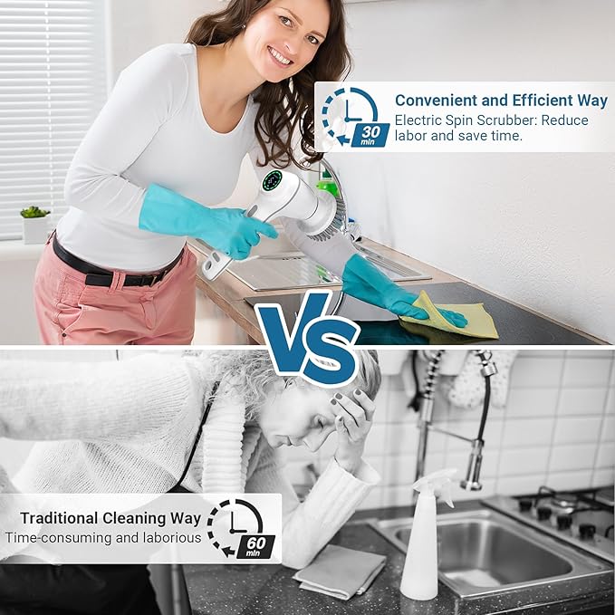 Electric Spin Scrubber, Cordless Shower Scrubber Handheld Electric Spin Scrubber for Cleaning with Display IPX7 Waterproof, Electric Cleaning Brush with 7 Replaceable Heads for Kitchen Tub Tile Sink