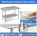 ROCKPOINT Stainless Steel Table for Prep & Work with Backsplash 14x24 Inches, NSF Metal Commercial Kitchen Heavy Duty Table with Adjustable Under Shelf and Table Foot for Restaurant, Home and Hotel