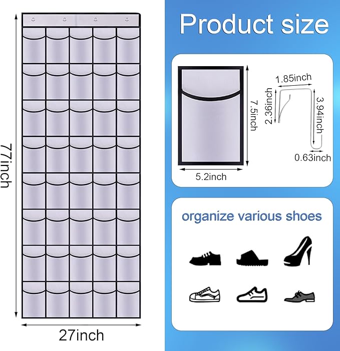 40 Mesh Pocket Over the Door Shoe Organizer,Hanging Shoe Rack for Closet Storage Holder for Dorm Room College Classroom Storag(White)