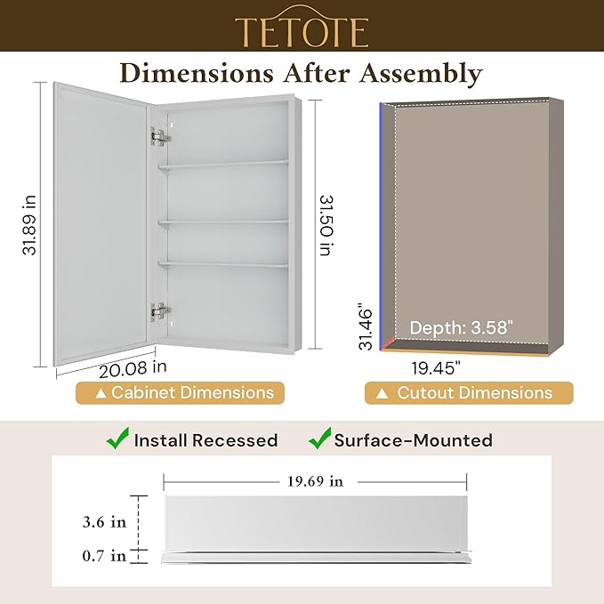 TETOTE 20 x 32 Medicine Cabinet with Mirror with Tempered Beveled Mirror White Medicine Cabinet Aluminum Cabinet DTC Hinges, Stepless Adjustable Shelves, Recessed/Surface-Mounted