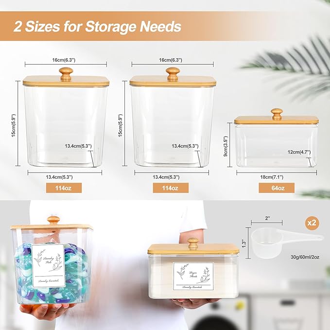 3 Pack Plastic Laundry Pods Container & Dryer Sheet Holder, Laundry Room Organization and Storage Jars with Lids, Scoops & Labels for Detergent, Powder, Scent Booster