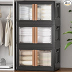 HAIXIN Storage Bins with 3 Lids - 19 Gal Stackable Organizer Box with Dual Opening Door Collapsible Closet Organization Plastic Black Storage Cabinet for Garage Laundry Room Camping, 3 Pack