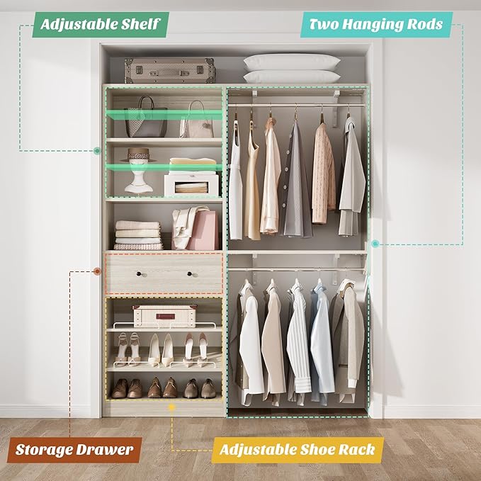 Closet System with Drawer - Reversible 5FT Wood Closet Organizer System with 2 Hanging Rods and Adjustable Shelf, Walk In Closet Organizers with Shoe Rack, Built-In Garment Rack, White Oak