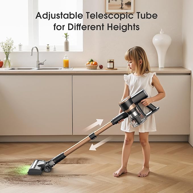 Cordless Vacuum Cleaner, 30Kpa Stick Vacuum with Anti-Tangle Brush and Green Headlight, Self-Standing, Up to 45Mins Runtime, Wireless Vacuum Cleaner for Pet Hair, Carpet, Hard Floor, Home