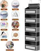 Over The Door Organizer with 5 Large Pockets, Over the Door Storage 10 Side Pockets 44 lb Load Behind Door Storage, Door Organizer Hanging Shelf for Closet Wall Bedroom Bathroom Nursery, 5-Tier Black