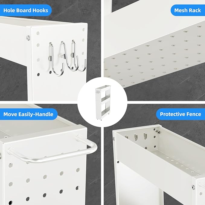 Slim Storage Cart 3 Tier with Handle,Metal Basket Bathroom Organizer Rolling cart with Wheels, Rolling Utility Cart Slide Out Organizer for Kitchen, Bathroom, Laundry