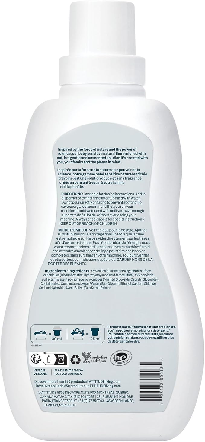 ATTITUDE Baby Fabric Softener for Sensitive Skin, Plant and Mineral Based Ingredients, Vegan Household Products, Unscented, 35 Loads, 33.8 Fl Oz